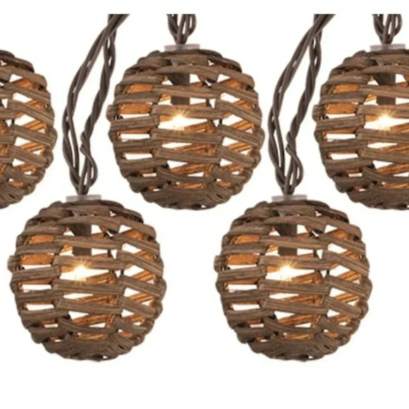 Allen + Roth Brown Wicker Rattan Shade Design. 8.8 ft Plug In String Lights NIB - Picture 5 of 6